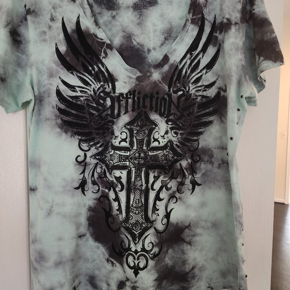 Affliction Short Sleeve V-neck Tee Shirt | Large | Mint Green/Black - Picture 4 of 5